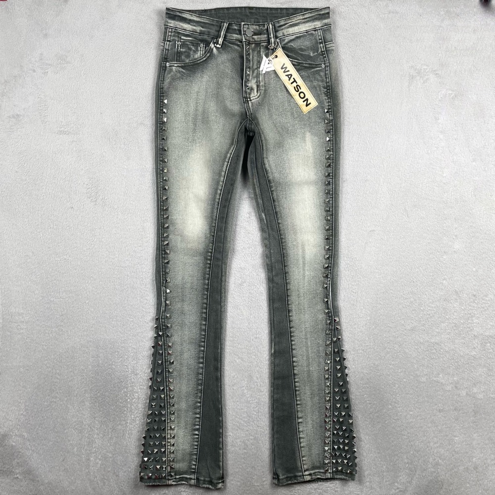 Watson Stacked Jeans Mens 28x33 Slim Gray Denim Studded Flare Punk Metal